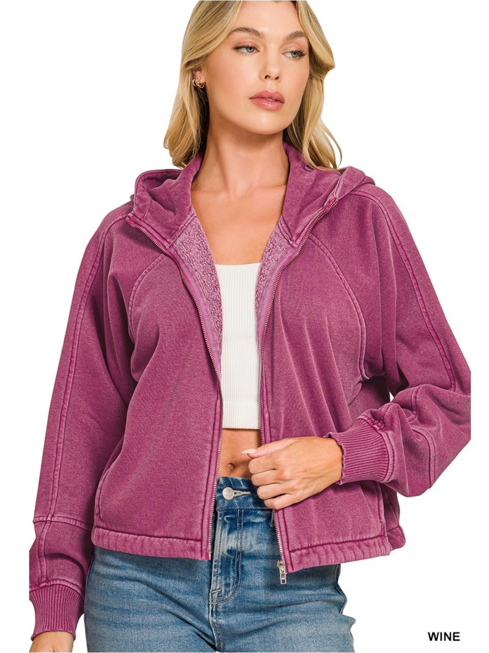 Zenana Wine Pigment Dye Fleece Zip Up Hoodie - Picture 2 of 3